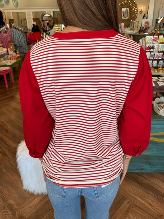 Sarah Express Women's Striped Button-Detail Long Sleeve Top