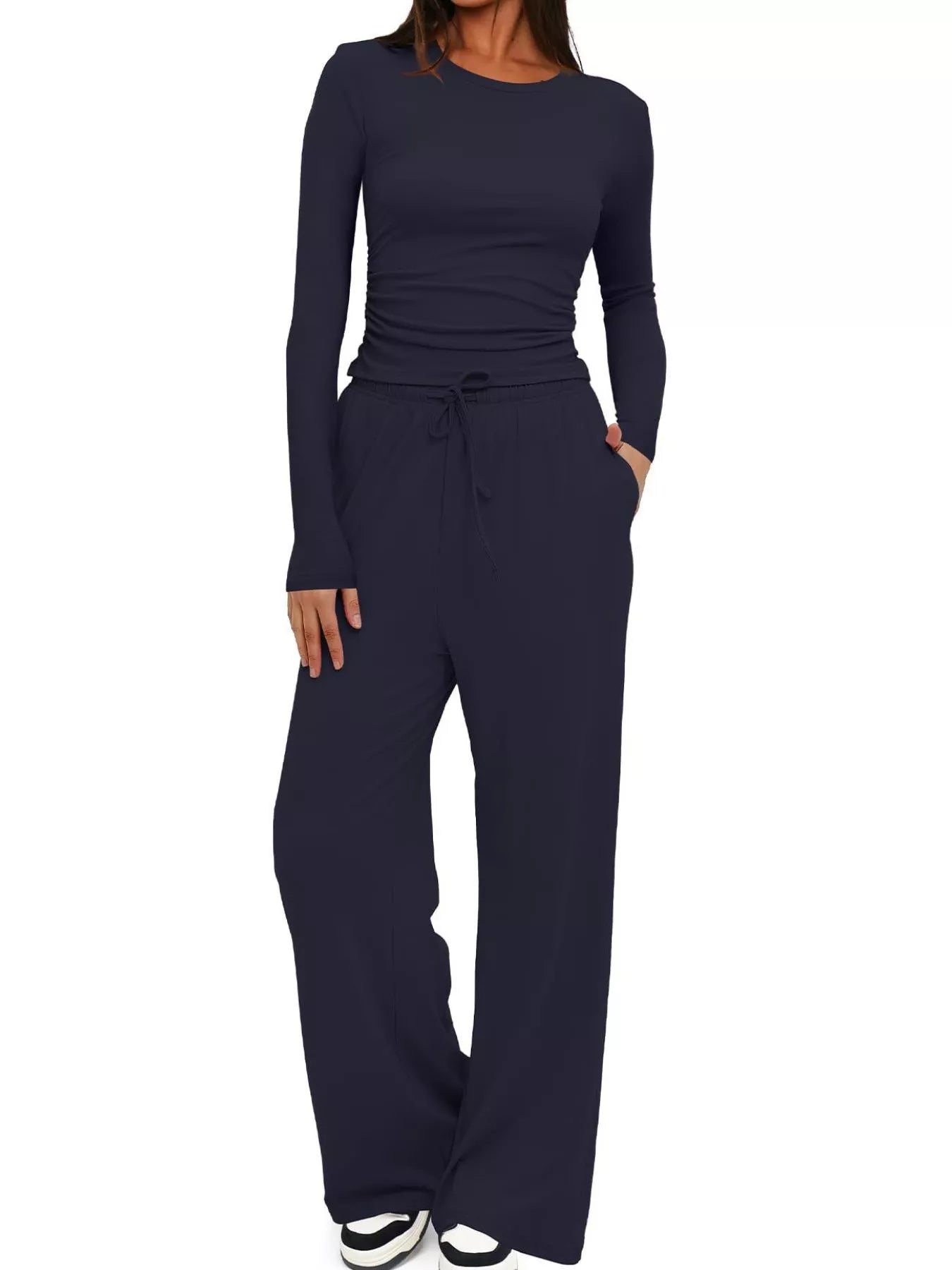 Sarah Express Women's Round Neck Long Sleeve Top and Pants Set Dark Blue