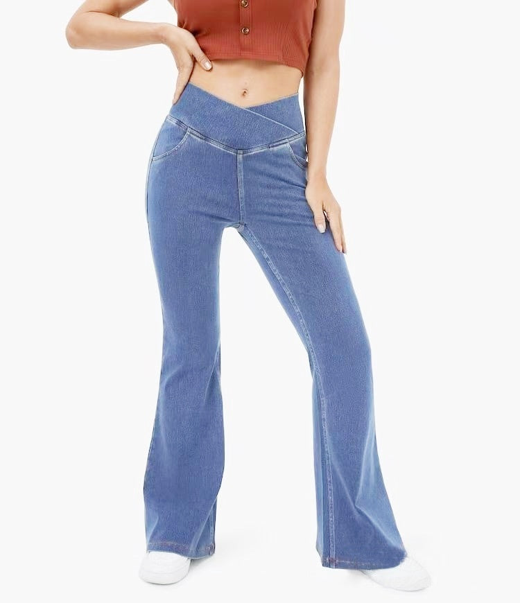 Sarah Express Women's Mid-Waist Bell Bottom Flare Jeans Denim Pants