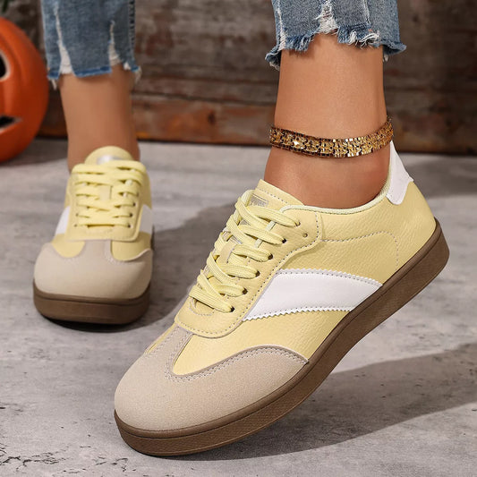 Sarah Express Women's Patent Leather Lace Up Sneakers - Round Toe Flat Casual Shoes Yellow