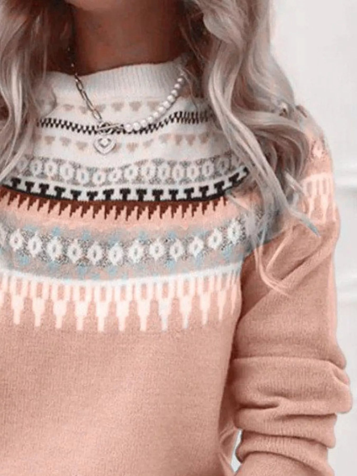 Sarah Express Women's Vintage Patterned Round Neck Sweater Plus Size