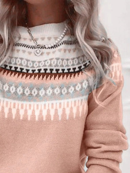 Sarah Express Women's Vintage Patterned Round Neck Sweater Plus Size