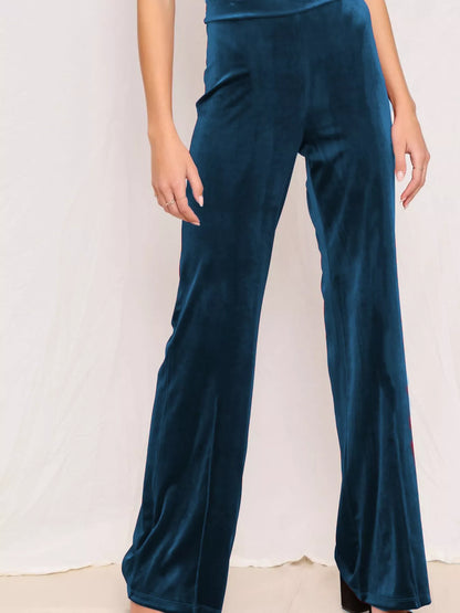 Sarah Express Women's Velvet Wide Leg Pants - High Waist Palazzo Trousers Plus Size French Blue