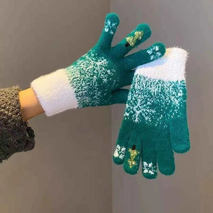 Sarah Express Women's Knitted Snowflake Gloves - Winter Warm Fleece Lined Mittens Dark Green ONESIZE