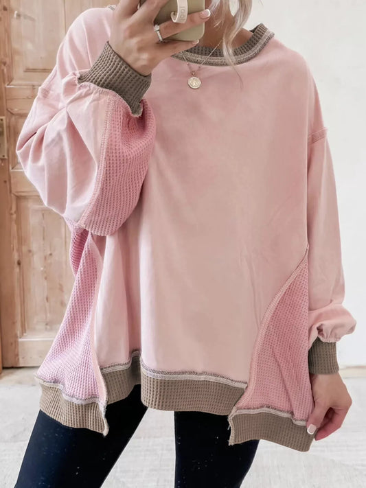 Sarah Express Women's Color Block Waffle Knit Oversized Sweatshirt Dusty Pink