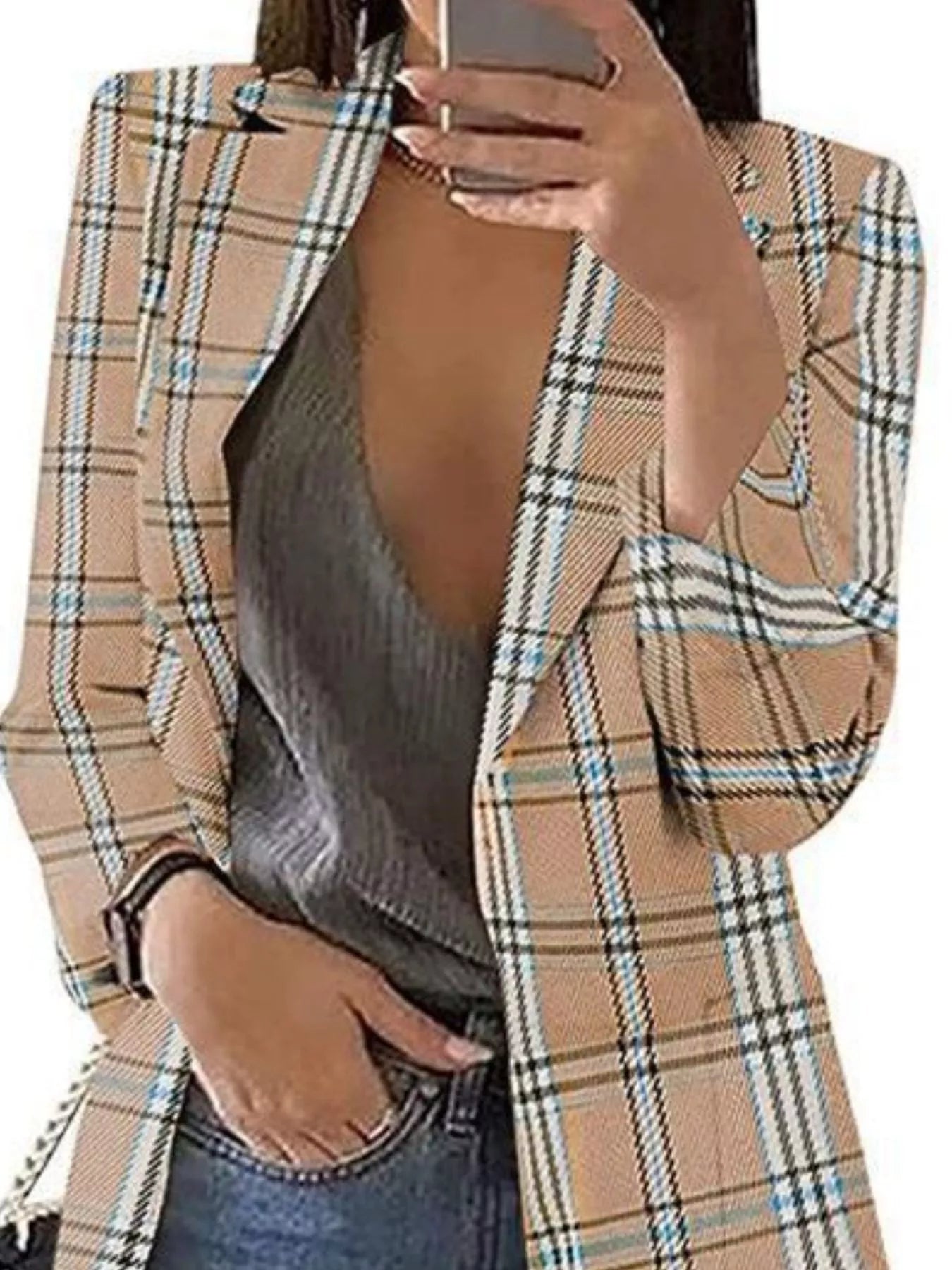 Sarah Express Women's Plaid Lapel Collar Blazer