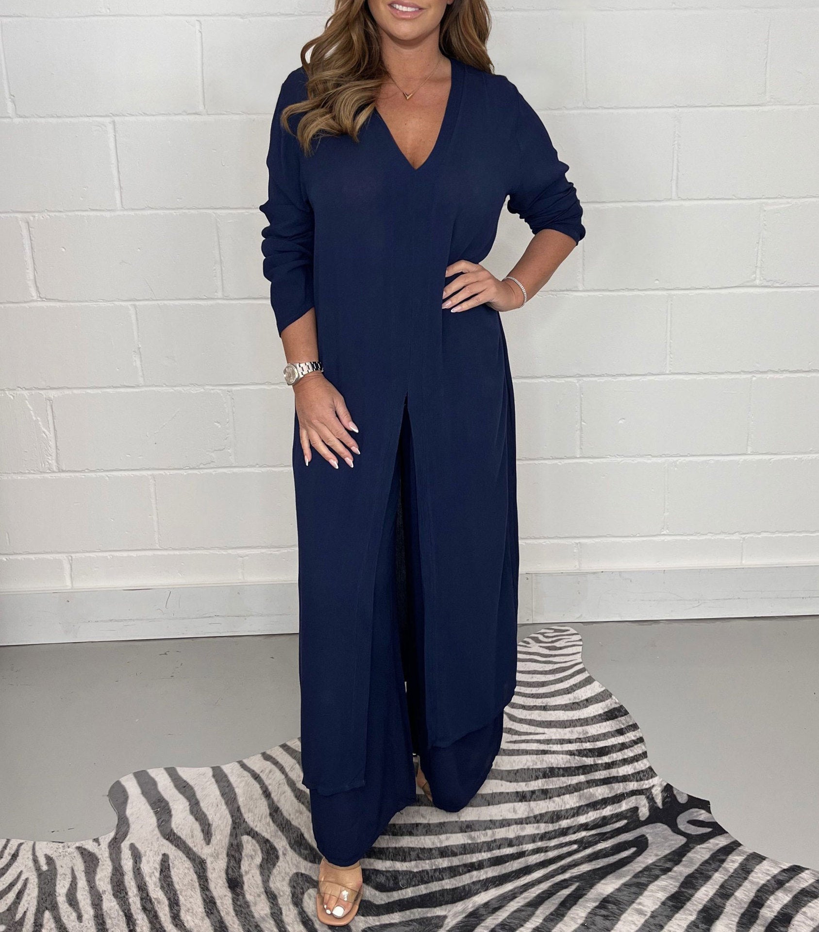 Sarah Express Women's Two-Piece Set Long Tunic Top Pants - Casual Minimalist Solid Color Plus Size