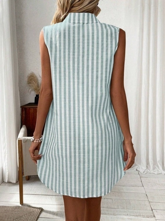 Sarah Express Women's Striped Sleeveless V-Neck Button Front Midi Shirt Dress