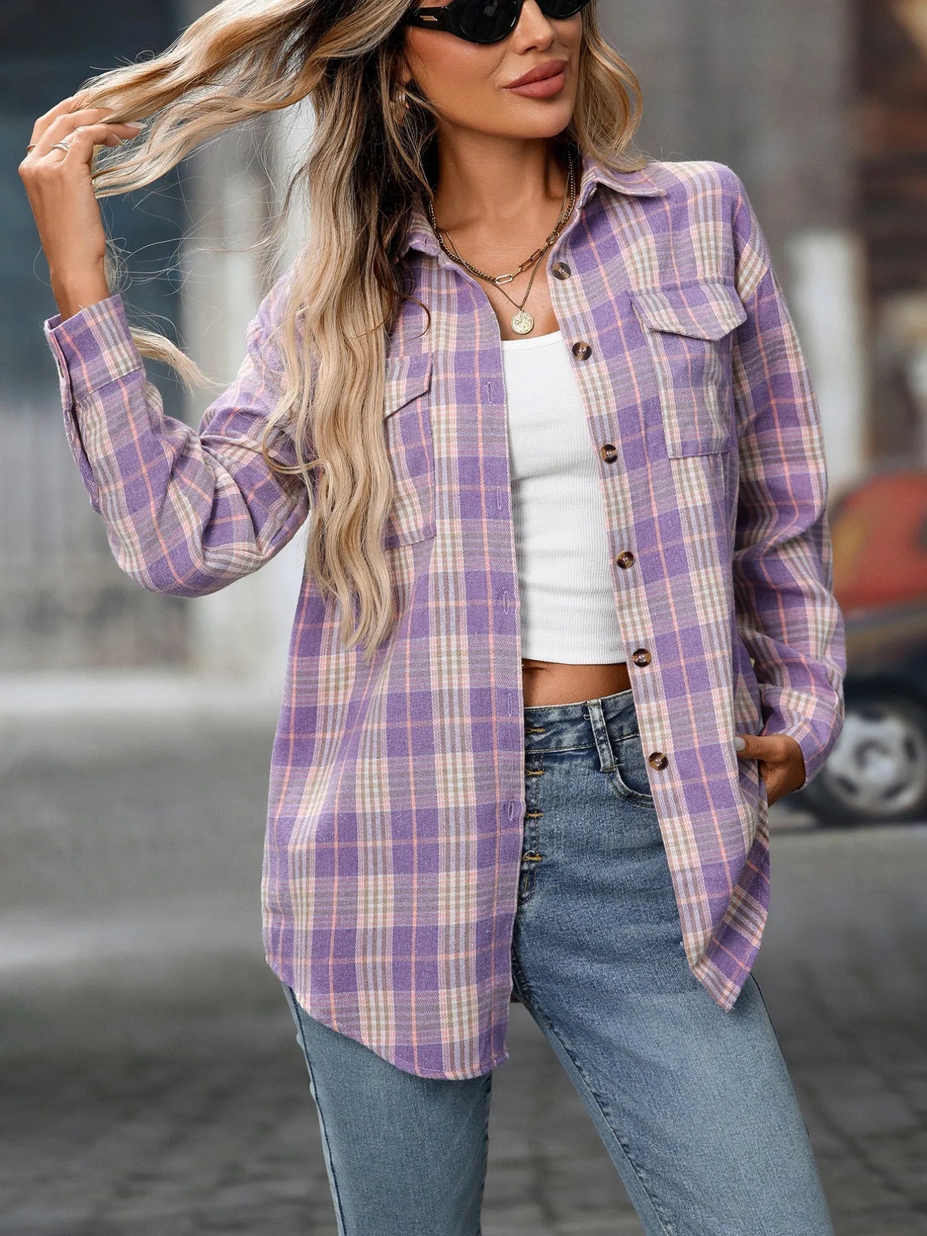 Sarah Express Women's Plaid Button-Down Oversized Shirt - Casual Long Sleeve Top Purple