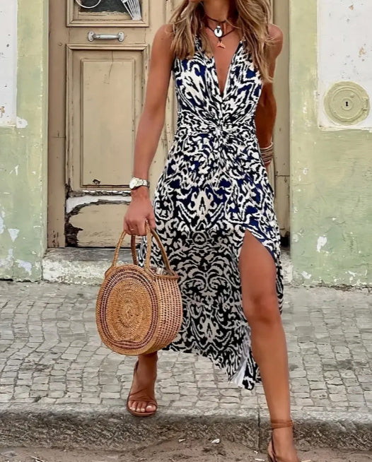 Sarah Express V-Neck Bohemian Floral Print Jumpsuit Blue One Piece