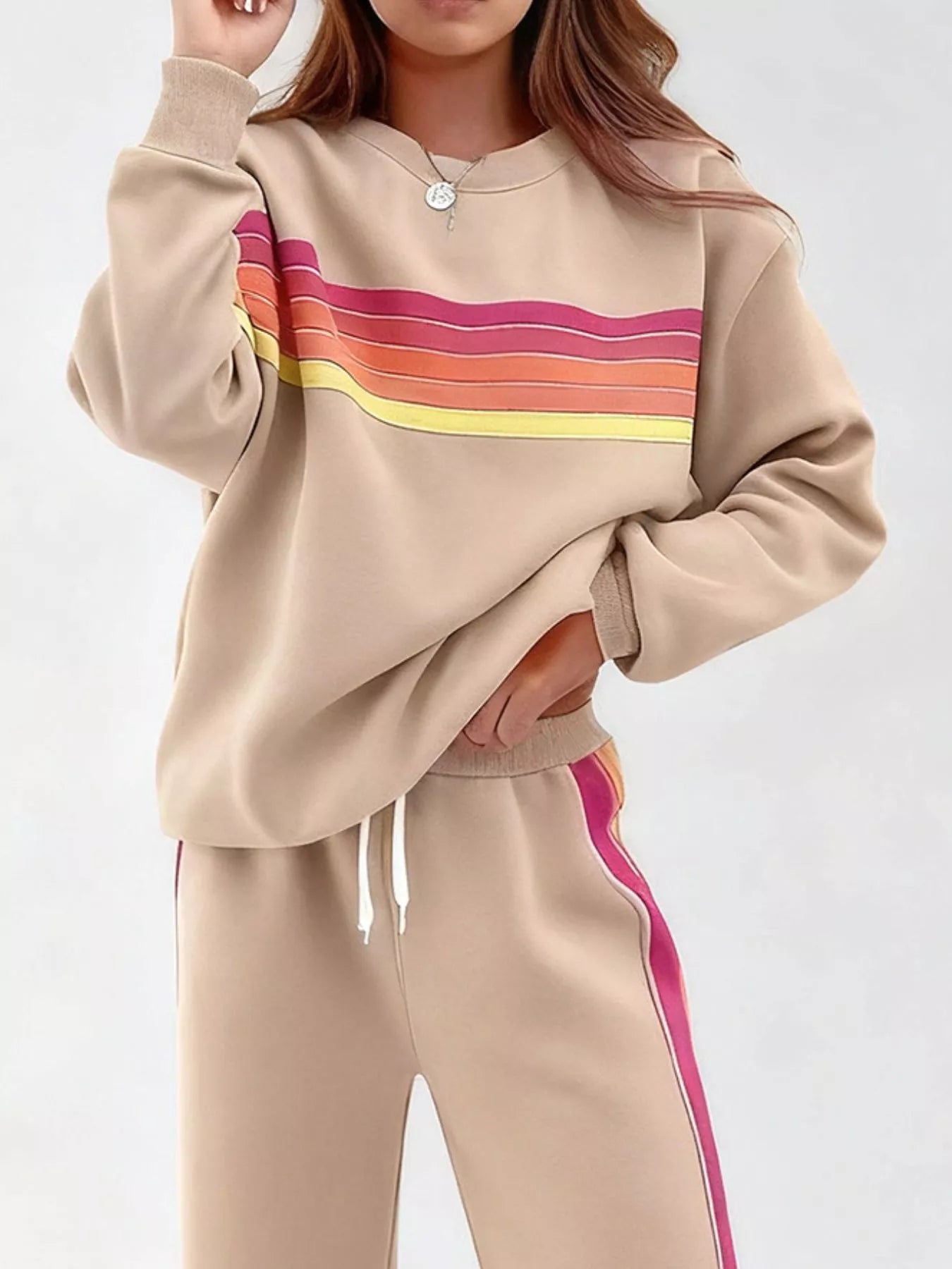 Sarah Express Women's Striped Round Neck Sweatshirt and Pants Lounge Set