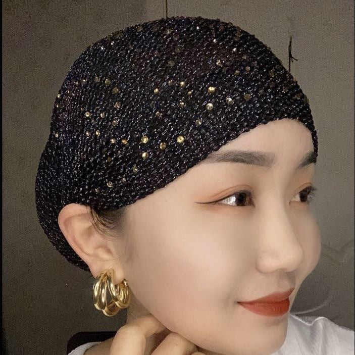 Sarah Express Embellished Toque Beanie Hat Rhinestone Lace Hollow-Out