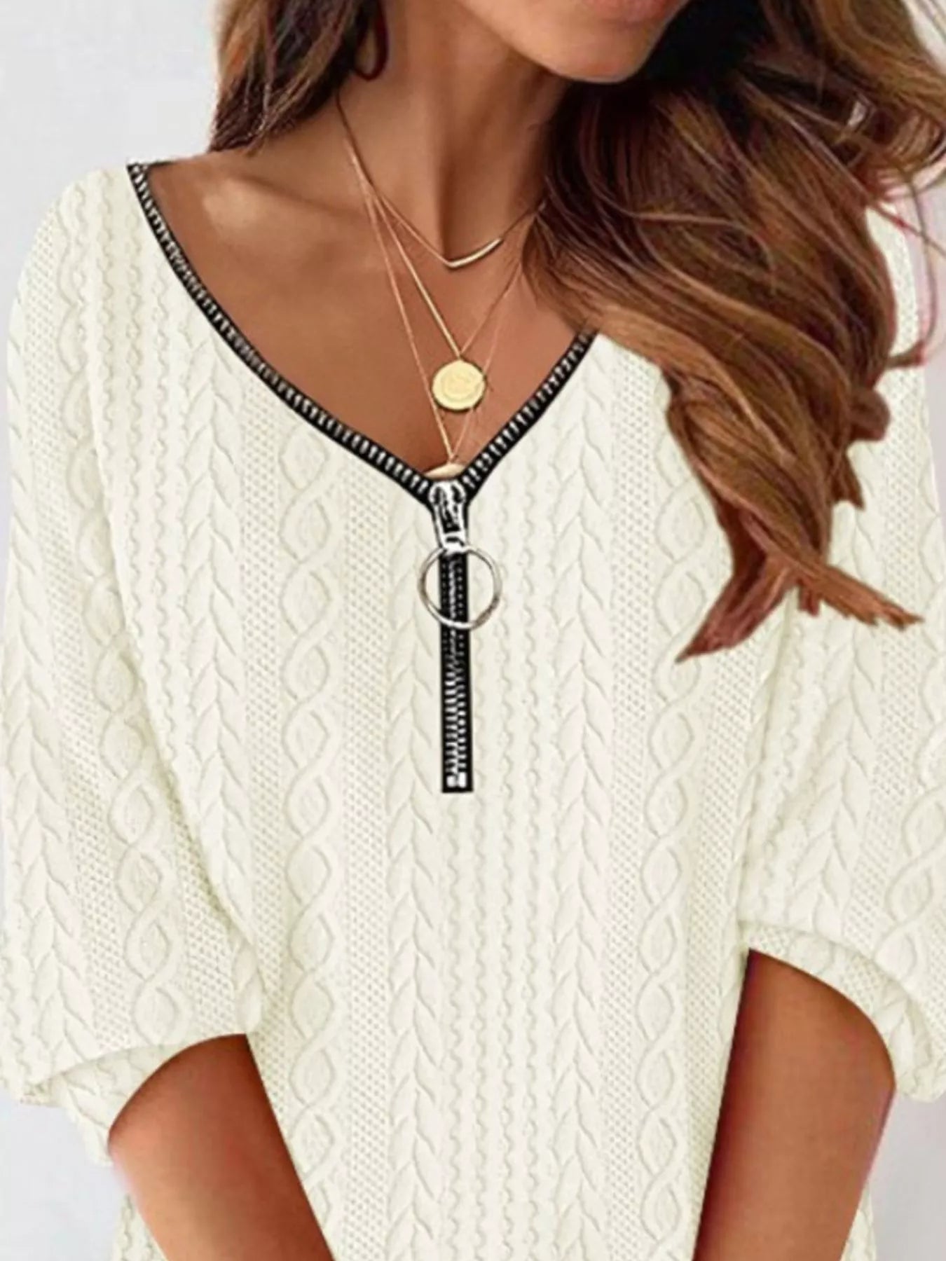 Sarah Express Women's Zip Detail Textured Cable Knit Mini Sweater Dress