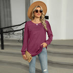 Sarah Express Solid Color U-Neck Pleated Long Sleeve Top for Women