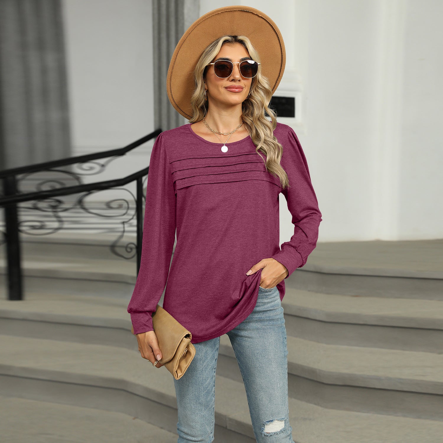 Sarah Express Solid Color U-Neck Pleated Long Sleeve Top for Women