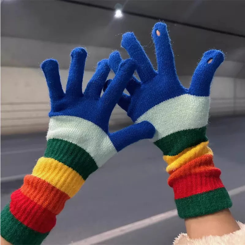 Sarah Express Women's Colorful Striped Knitted Gloves Blue ONESIZE