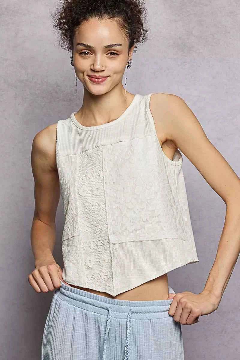 Sarah Express Women's Ribbed Cropped Tank Top with Lace Detail OFF WHITE