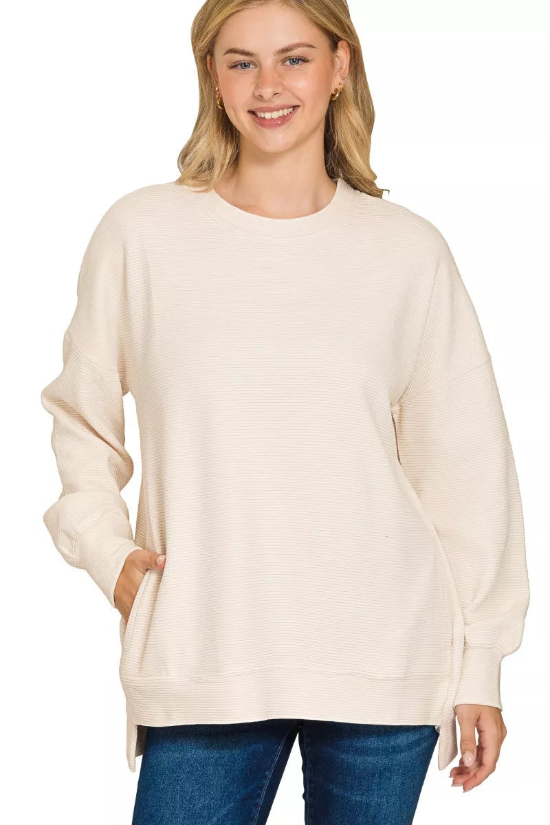 Sarah Express Women’s Plus Size Acid Wash Ribbed Sweatshirt with Hi-Low Hem
