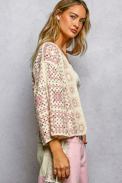 Sarah Express Women's Open Front Crochet Cardigan with Granny Square Pattern