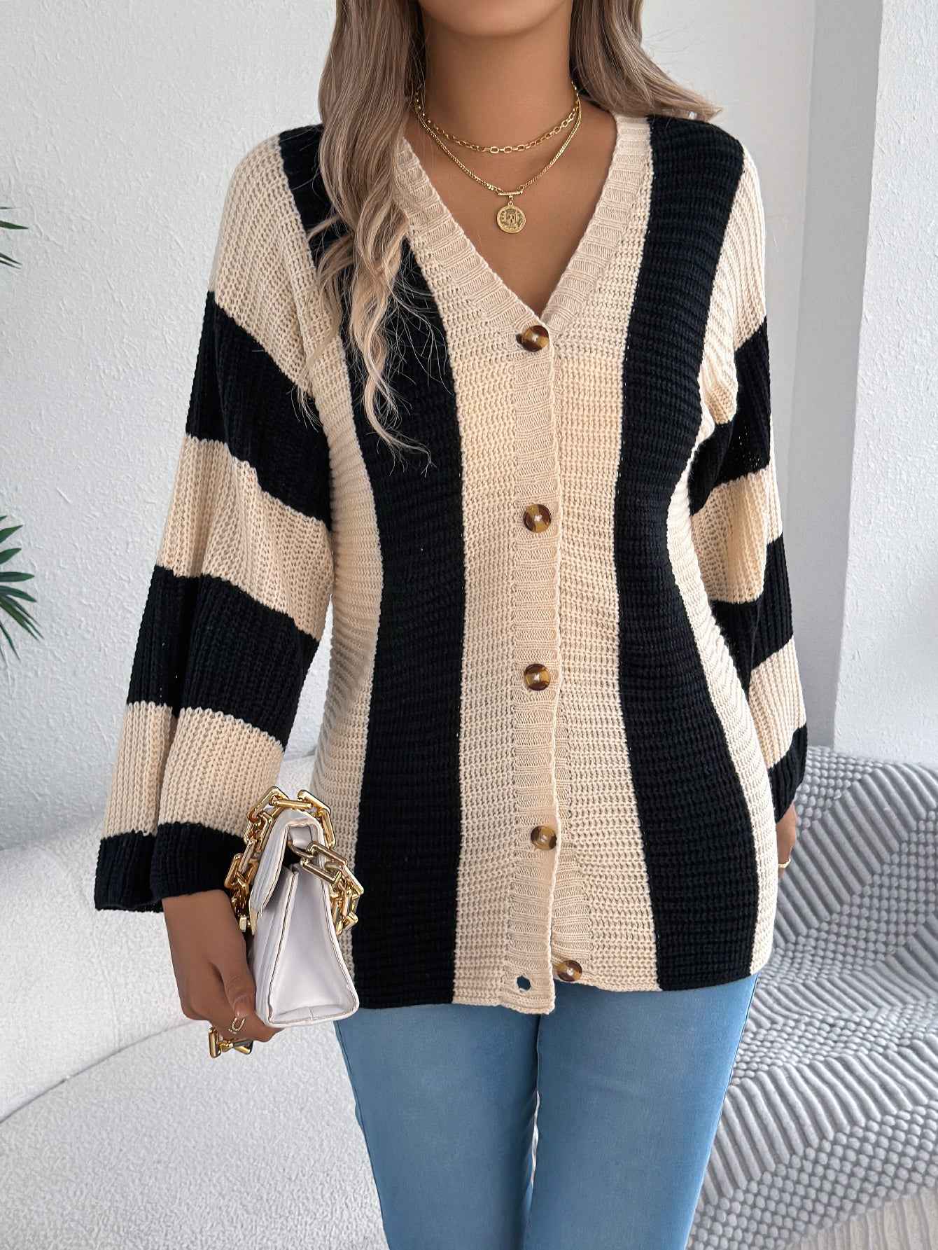 Sarah Express Women's Color Block Stripe Cardigan Sweater with Bell Sleeves - Long Sleeve Knit Coat