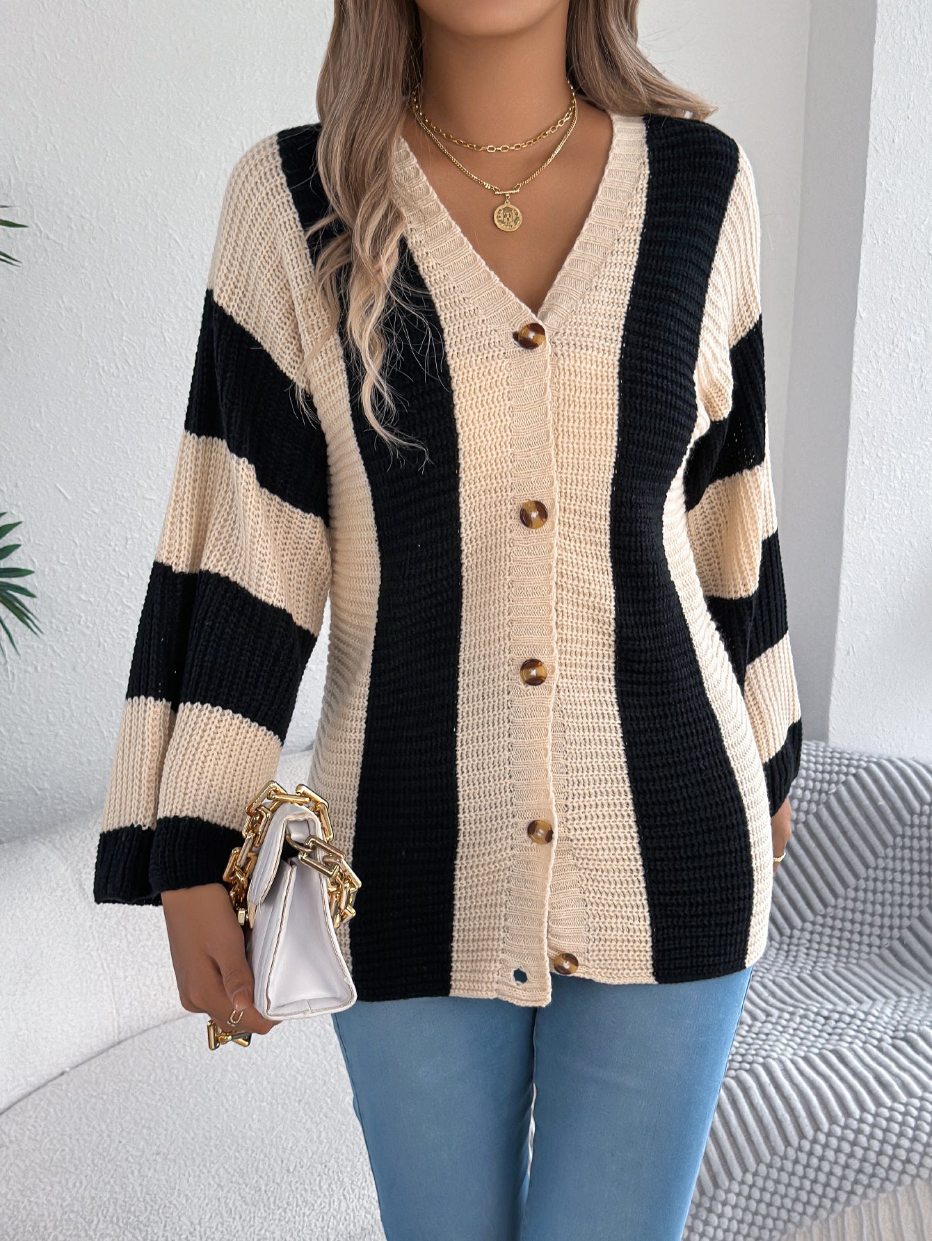 Sarah Express Women's Color Block Stripe Cardigan Sweater with Bell Sleeves - Long Sleeve Knit Coat Apricot