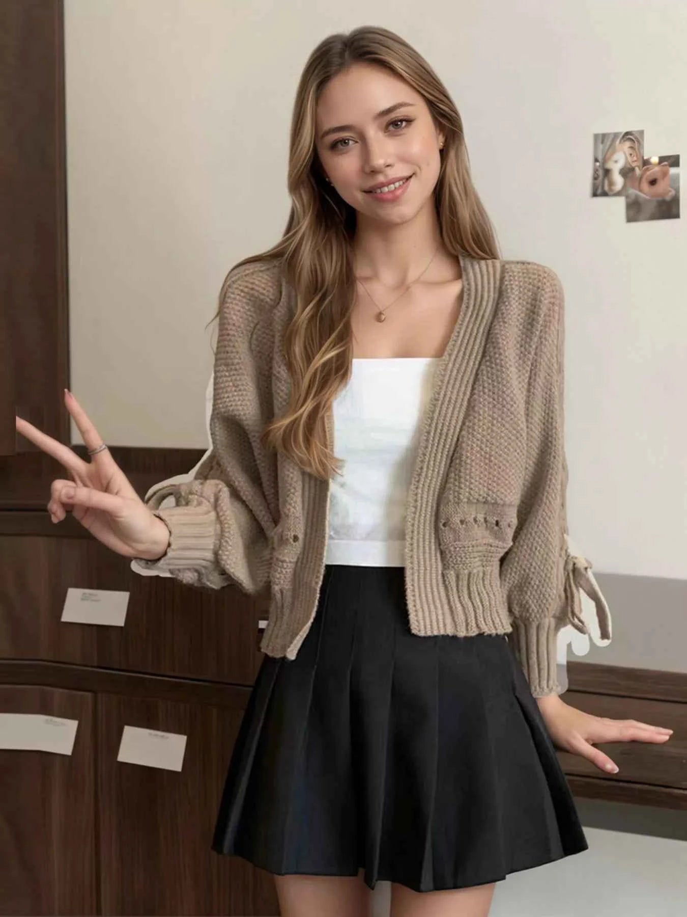 Sarah Express Women's Chunky Knit Tie Cardigan - Long Sleeve Open Front Sweater