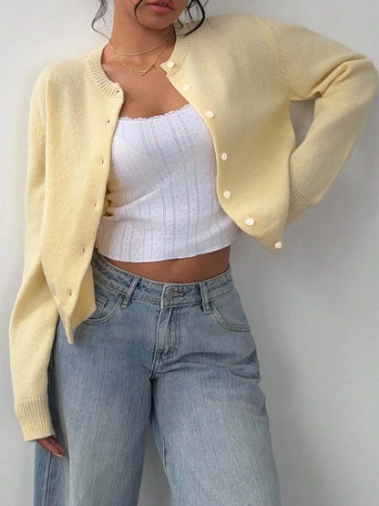 Sarah Express Women's Button-Up Long Sleeve Knit Cardigan Pastel Yellow