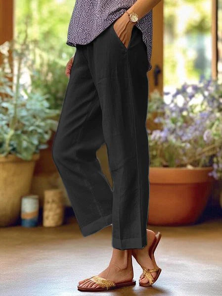 Sarah Express Women's Cotton Straight Leg Pants - Casual Mid-Waist Loose Fit Trousers