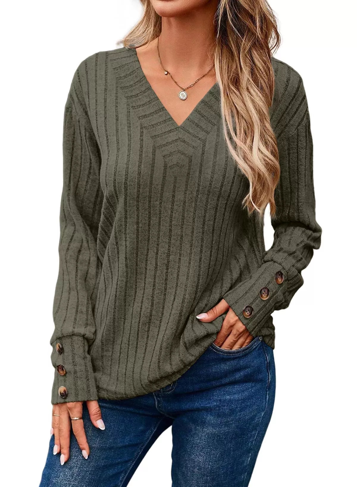 Sarah Express Women's Ribbed Knit V-Neck Top with Decorative Buttons Moss