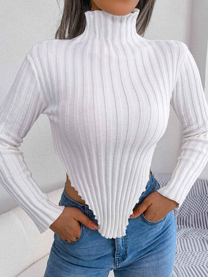 Sarah Express Women Sexy Half Turtleneck Asymmetric Long Sleeve Knit Top White