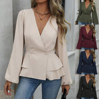 Sarah Express French Lace Waist Lantern Sleeve Blouse Slim Fit Top