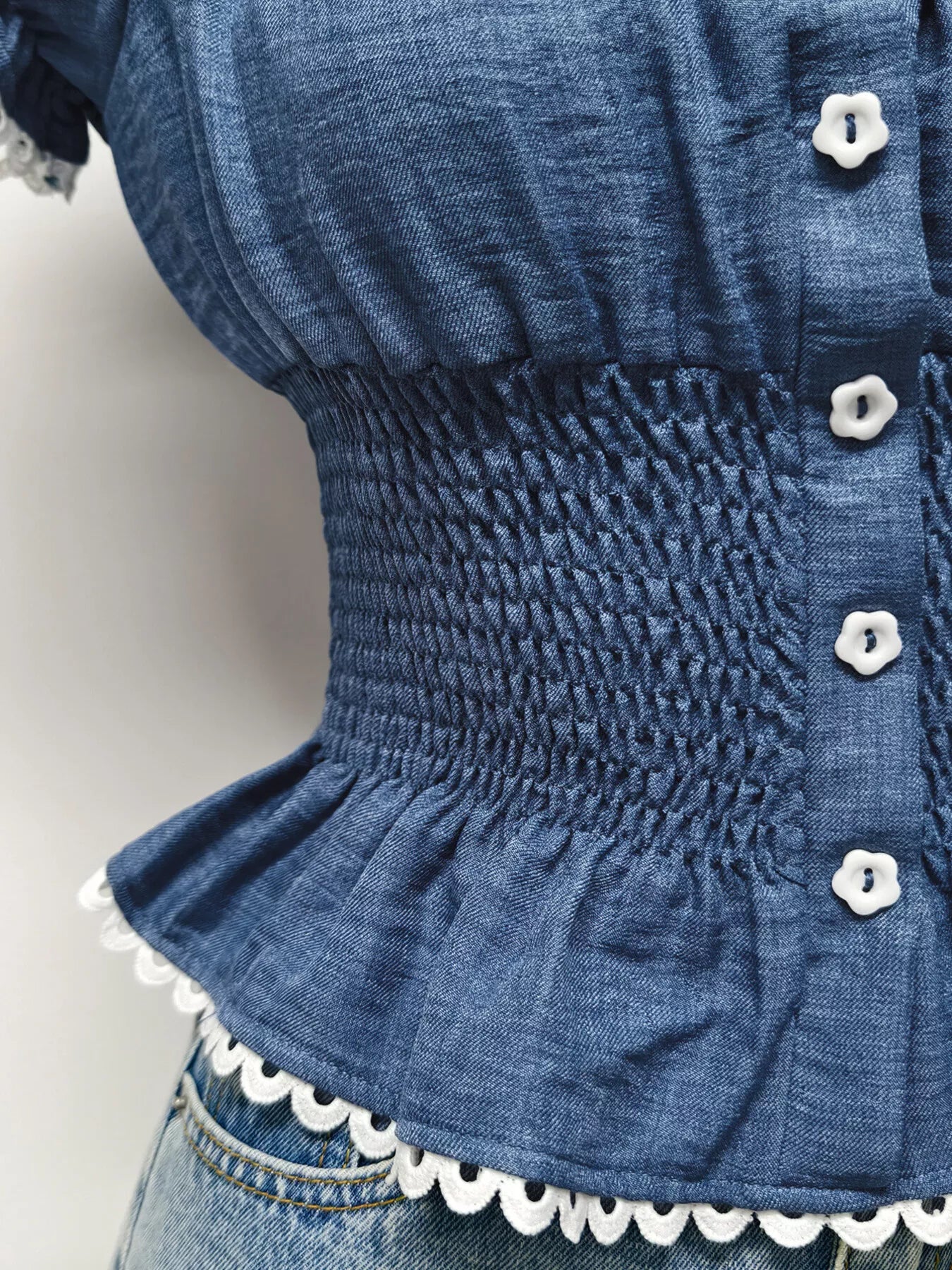 Sarah Express Women's Smocked Short Sleeve Blouse