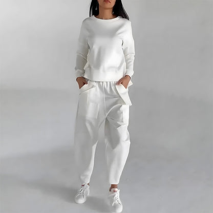 Sarah Express Women's Two Piece Sweatshirt Set - Long Sleeve Top with Back Slit & Loose Trousers with Pockets White