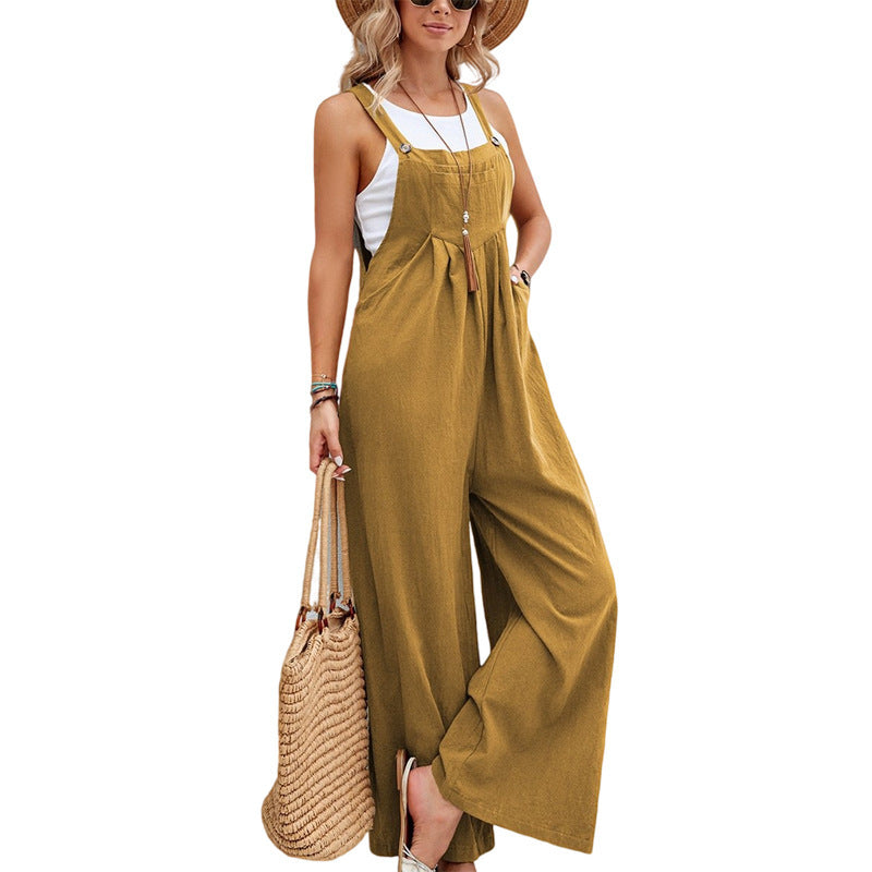 Sarah Express Women's Solid Color Cotton Suspender Trousers Casual Overall Straight Leg Mid Waist with Pockets