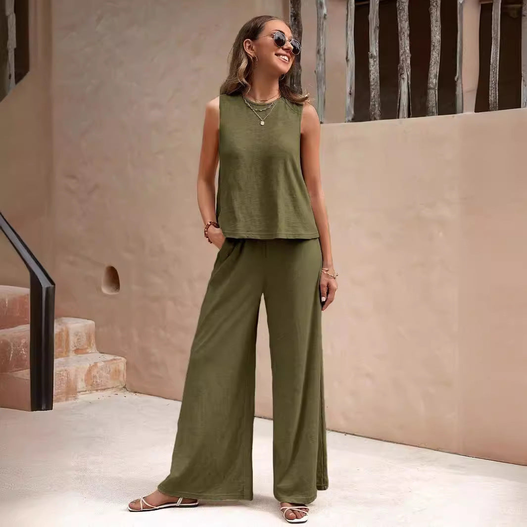 Sarah Express Women's Sleeveless Round Neck Top & Pants Two Piece Casual Set Street Style