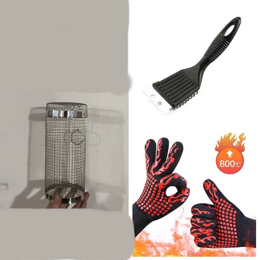 Sarah Express Stainless Steel Rolling BBQ Grilling Basket - Portable Outdoor Camping Barbecue Rack for Vegetables & Meat Set 20x10x10cm 1PC