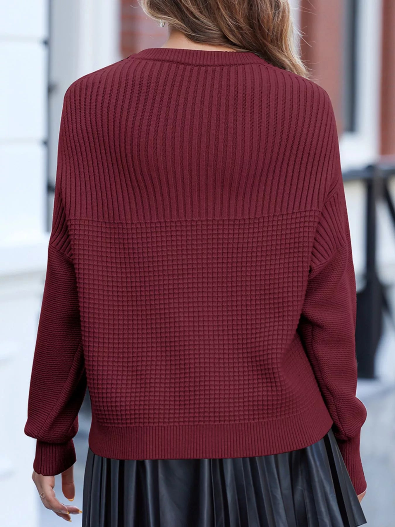 Sarah Express Women's Solid Color Mixed Textured Knitted Crew Neck Sweater