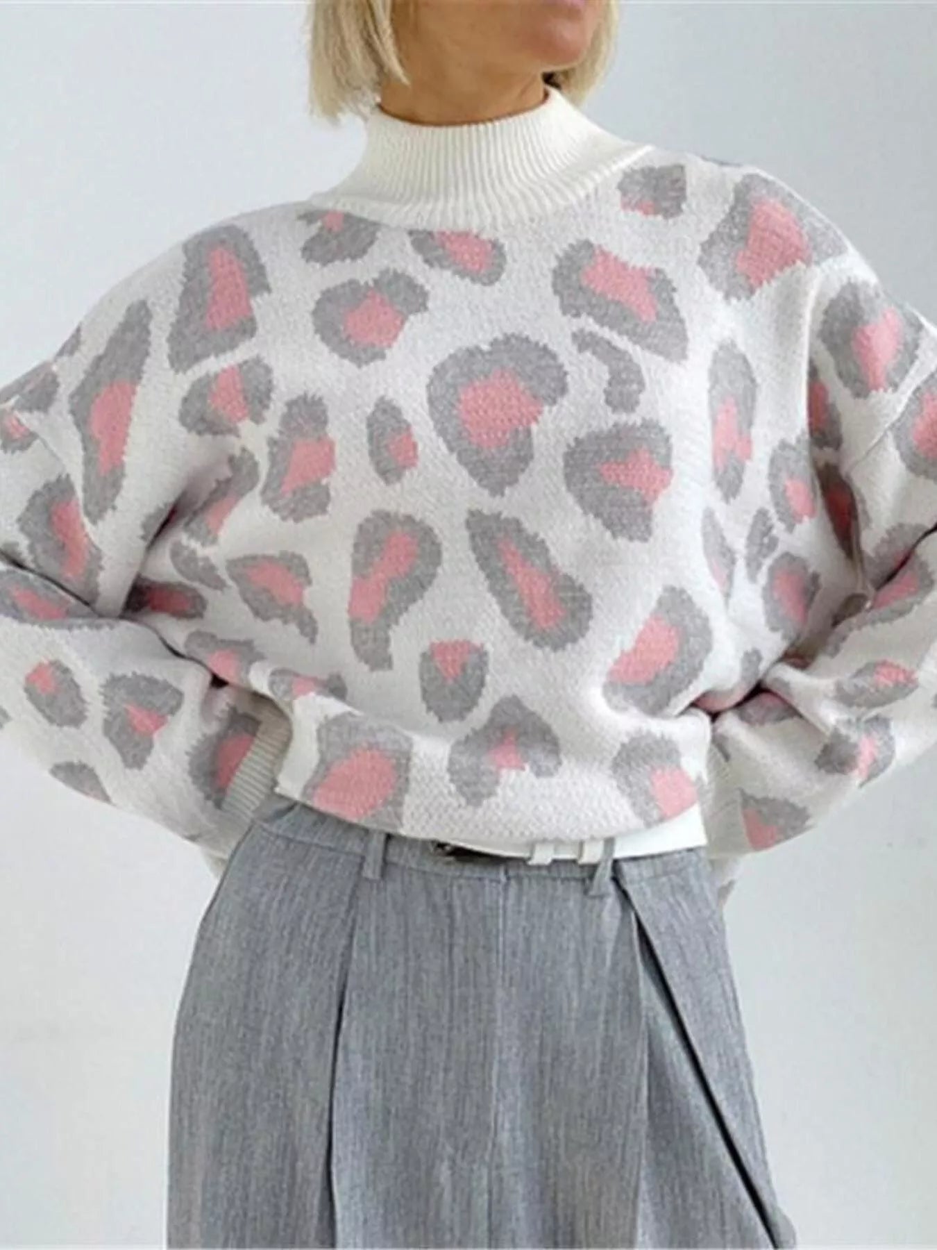 Sarah Express Women's Leopard High Neck Sweater Pink