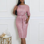 Women's Diagonal Collar Sequined Evening Dress Two-Piece Set