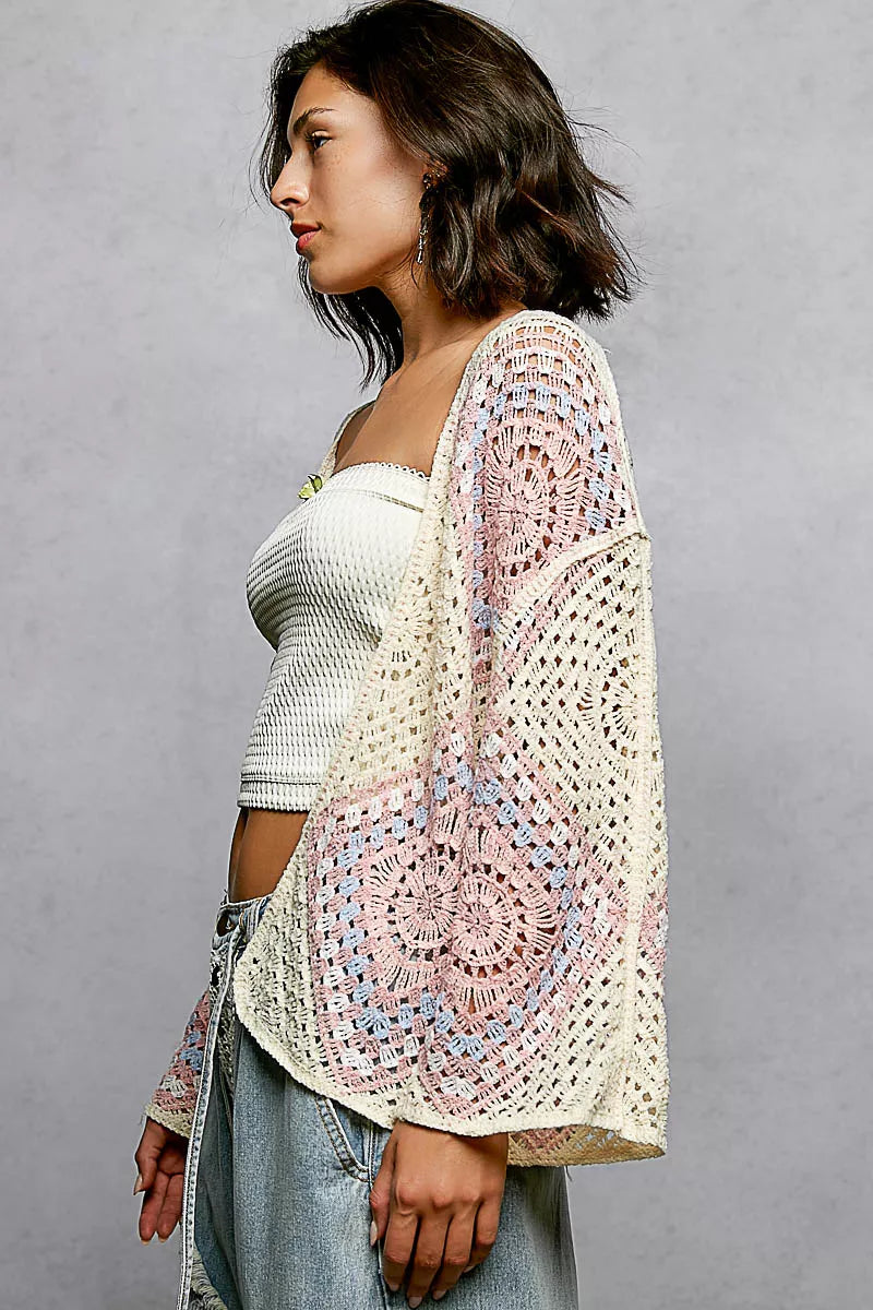 Sarah Express Women's Open Front Crochet Cardigan with Granny Square Pattern