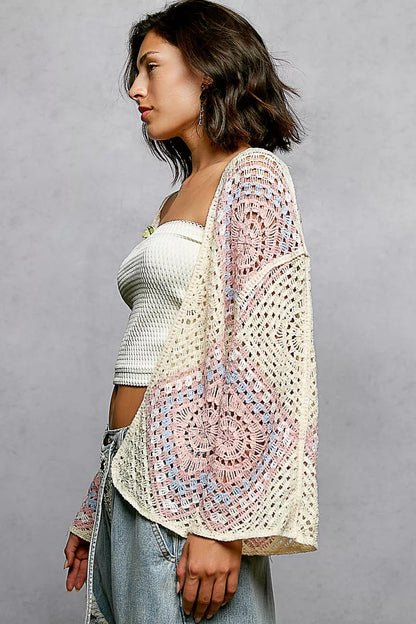Sarah Express Women's Open Front Crochet Cardigan with Granny Square Pattern