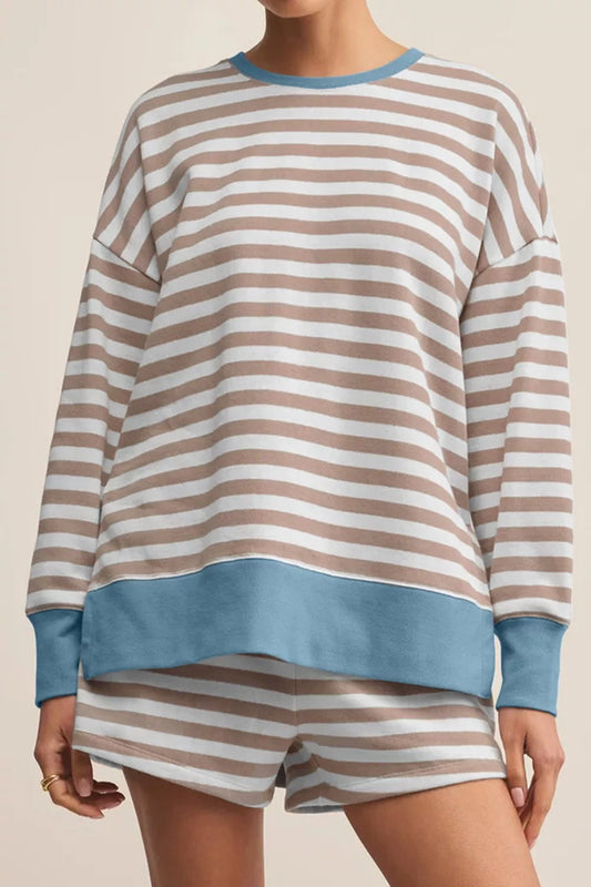 Sarah Express Women's Stripe Color Block Patchwork Oversized Top and Shorts Set