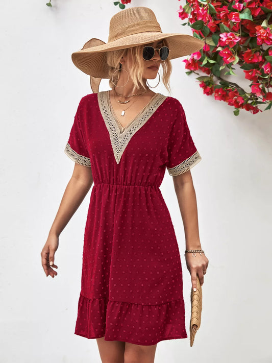 Sarah Express Women's V-Neck Swiss Dot Ruffle Hem Mini Dress Burgundy