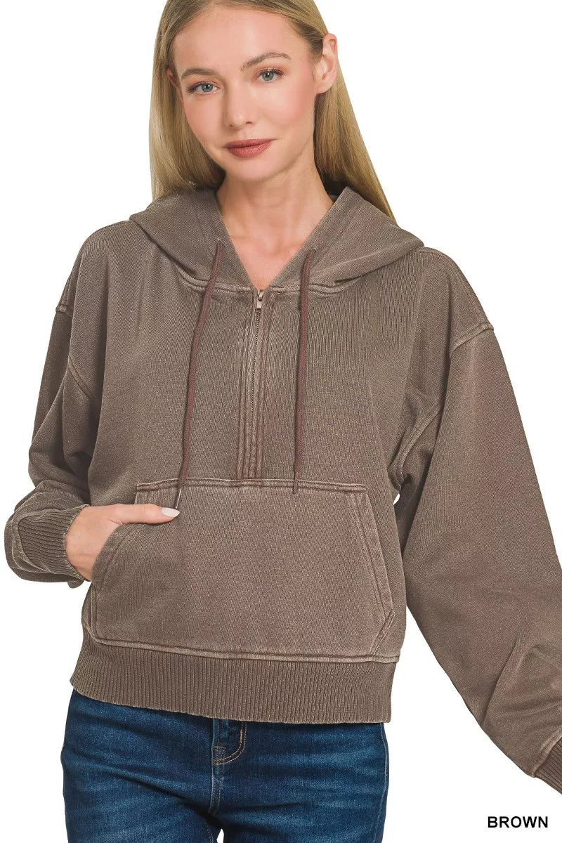 Sarah Express Women's Fleece Pigment Dye Half Zip Kangaroo Pocket Hoodie BROWN