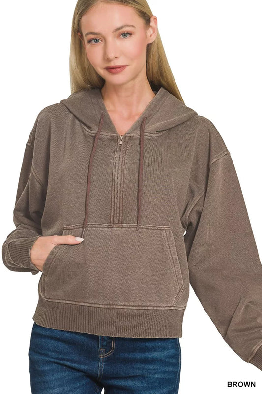 Sarah Express Women's Fleece Pigment Dye Half Zip Kangaroo Pocket Hoodie BROWN