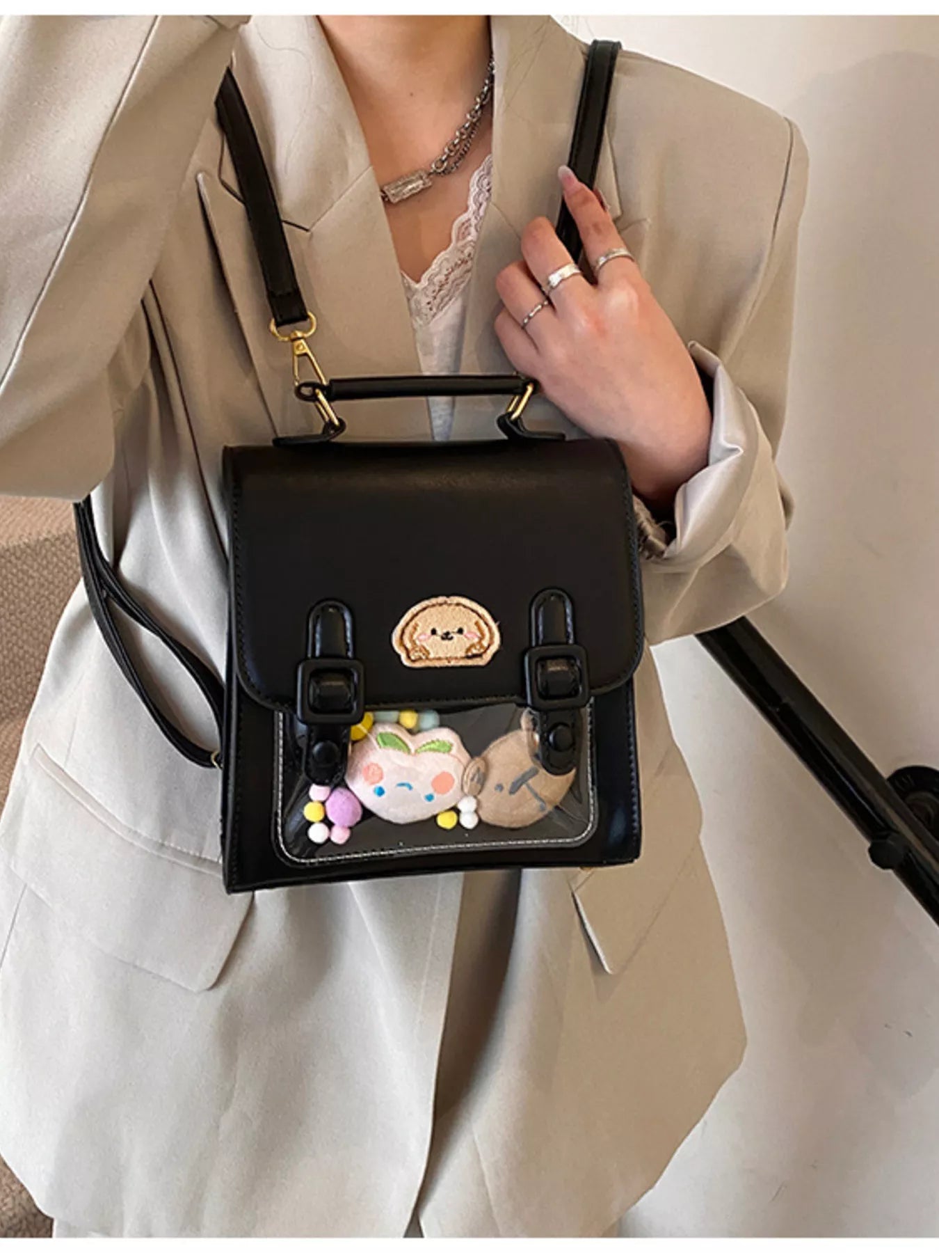 Sarah Express Mini Cartoon Patch Backpack - Cute PU Leather Small Backpack Bag Black ONESIZE