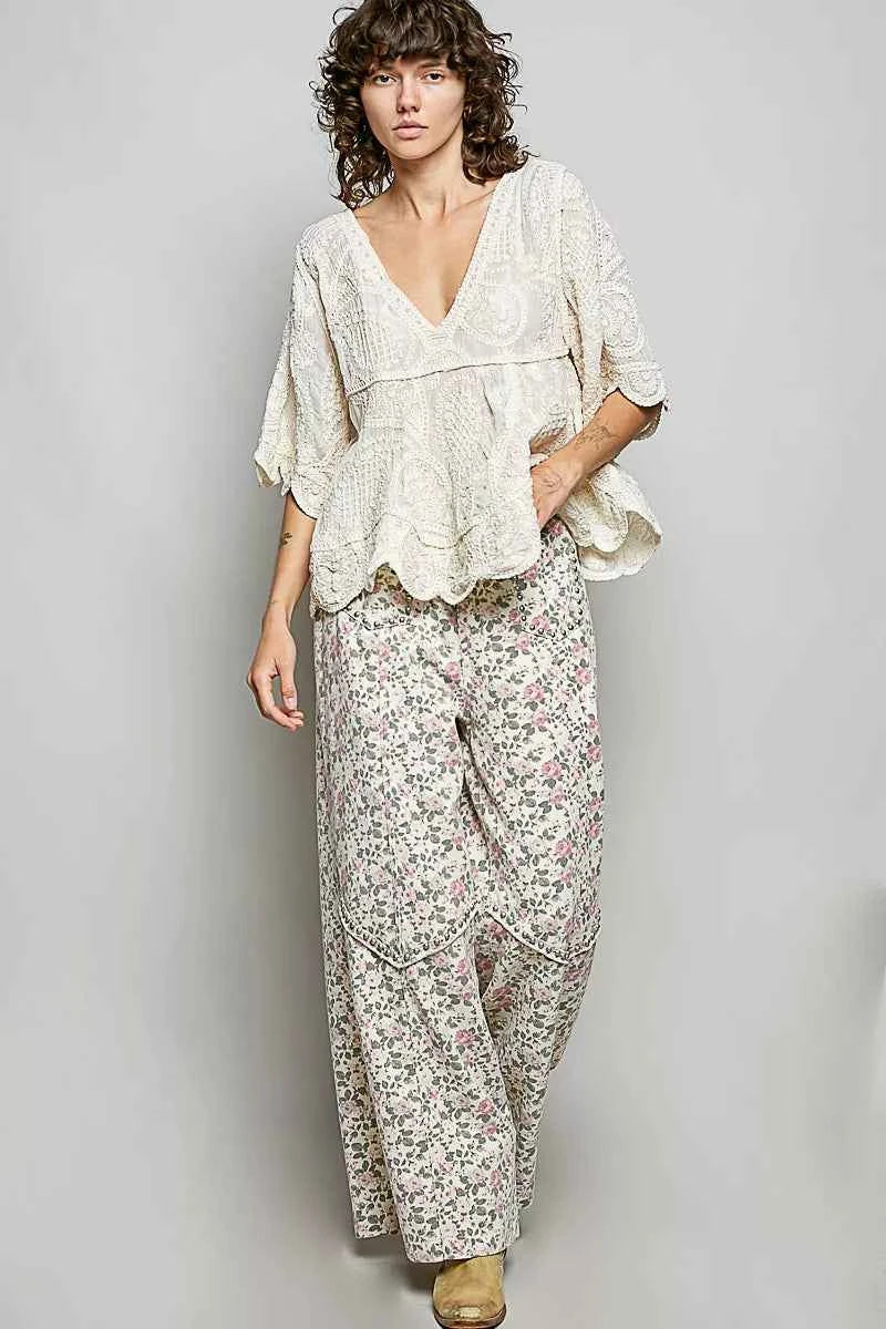 Sarah Express Women's V-Neck Crochet Blouse with Scalloped Hem - Vintage Boho Top