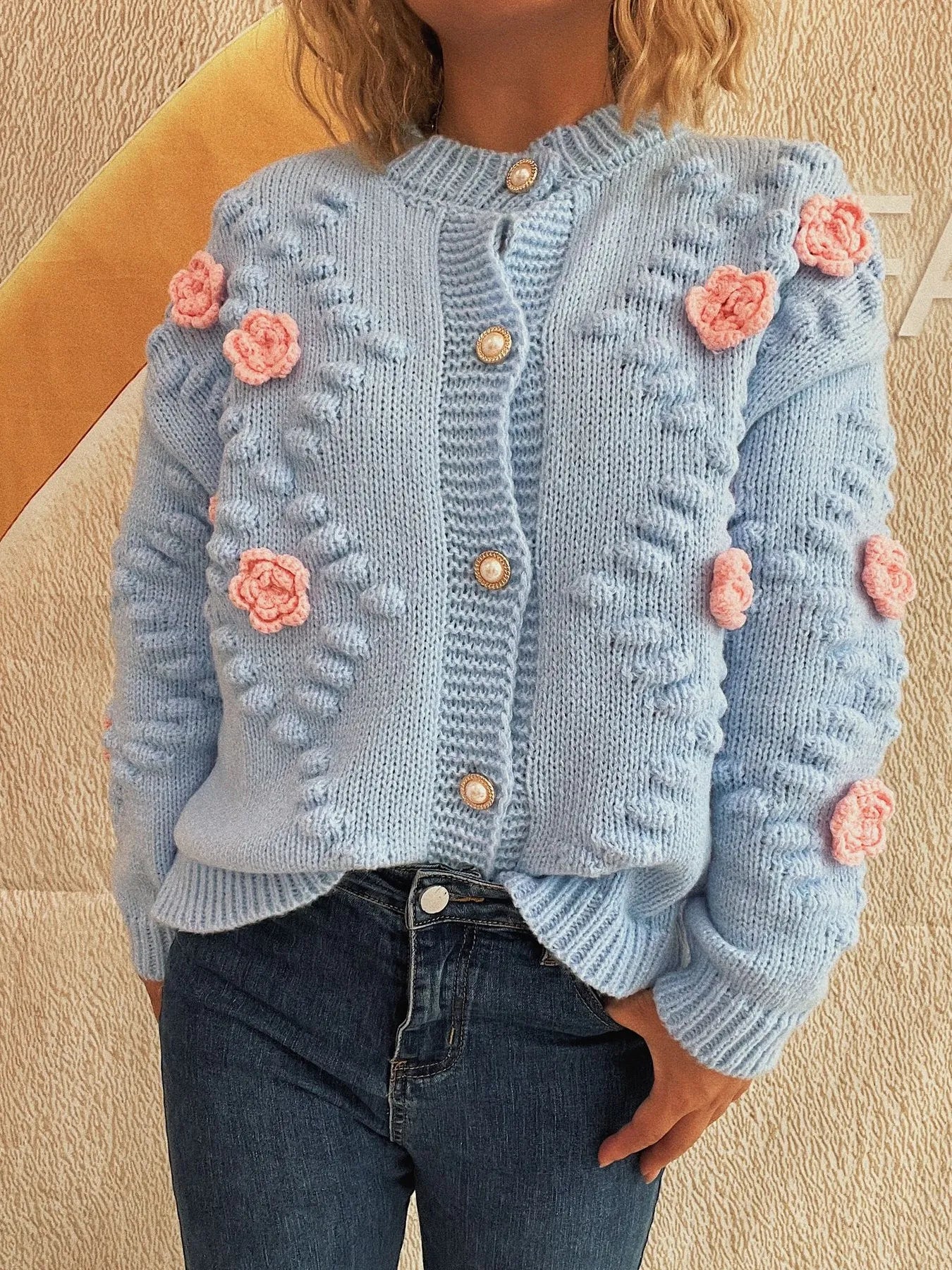 Sarah Express Women's Flower Button Up Long Sleeve Cardigan