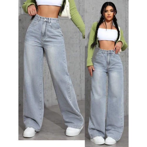 Sarah Express Women's High-Waist Straight Leg Jeans - Distressed Cotton Denim Loose Fit