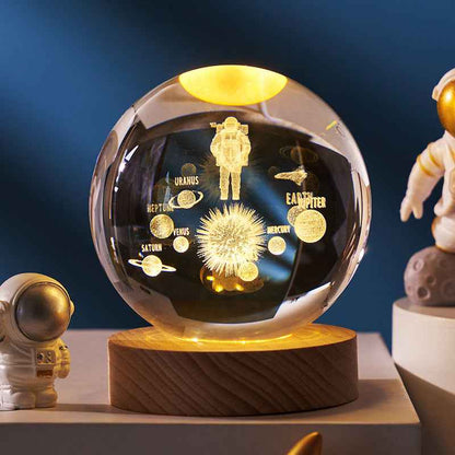 Sarah Express 3D Crystal Ball Night Light - Luminous Planetary Moon Galaxy Projection Lamp with Wooden Base Solid Wood Lamp Holder Astronaut 6CM